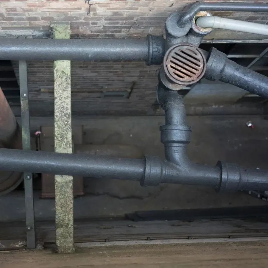 Cast iron drain pipes running along an old brick basement wall