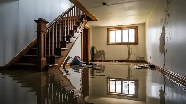 Flooded basement with water up to the stairs and stained walls after water came in below grade
