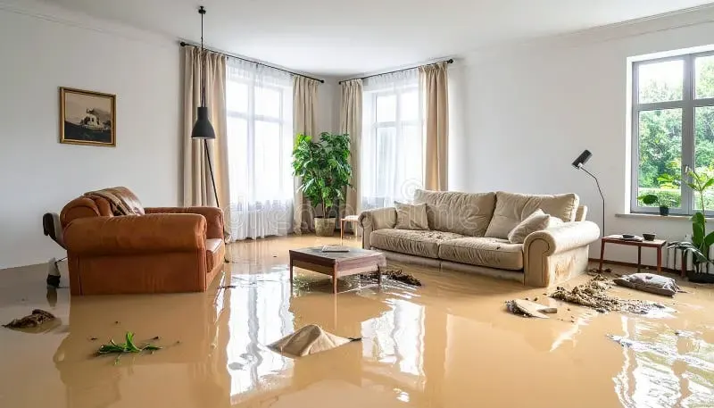 Muddy storm floodwater covering a living room floor around the furniture